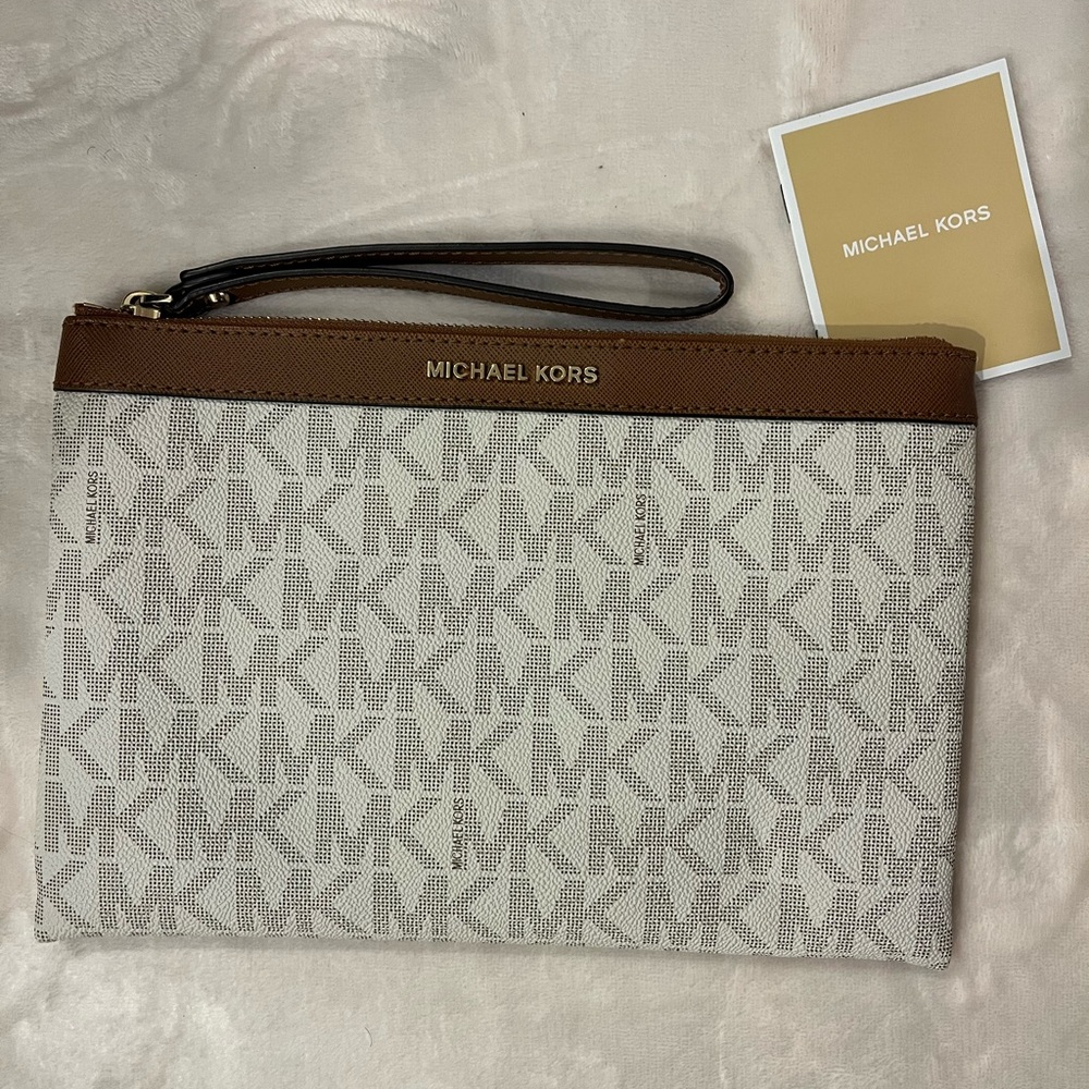 Michael Kors Brown and Cream Logo Wristlet